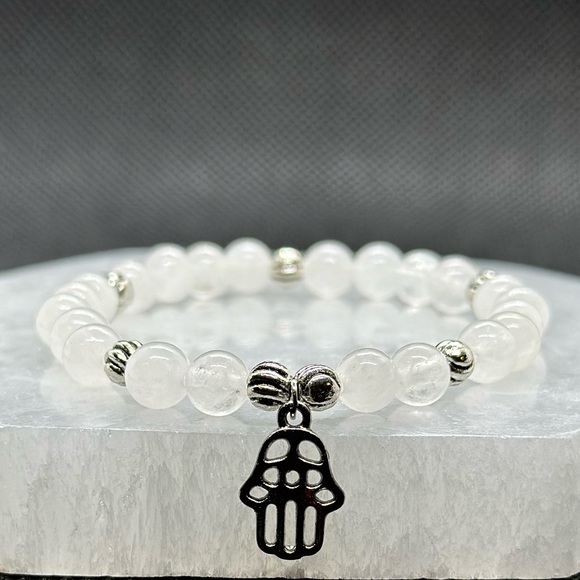White Jade Natural Gemstone Bracelet - Hamsa Charm Bracelet - Picture 1 of 3